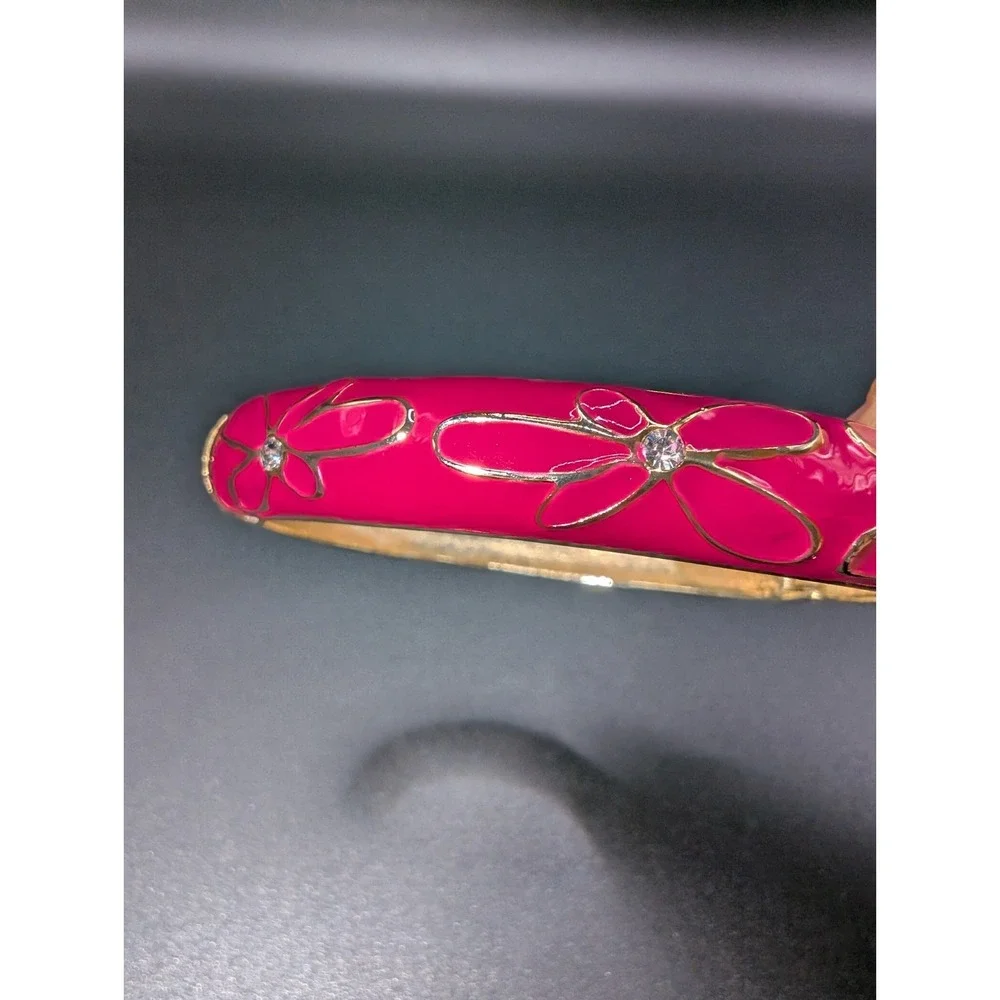Pink Enamel Gold Tone Hinged Bangle Bracelet Floral Rhinestone Costume Jewelry